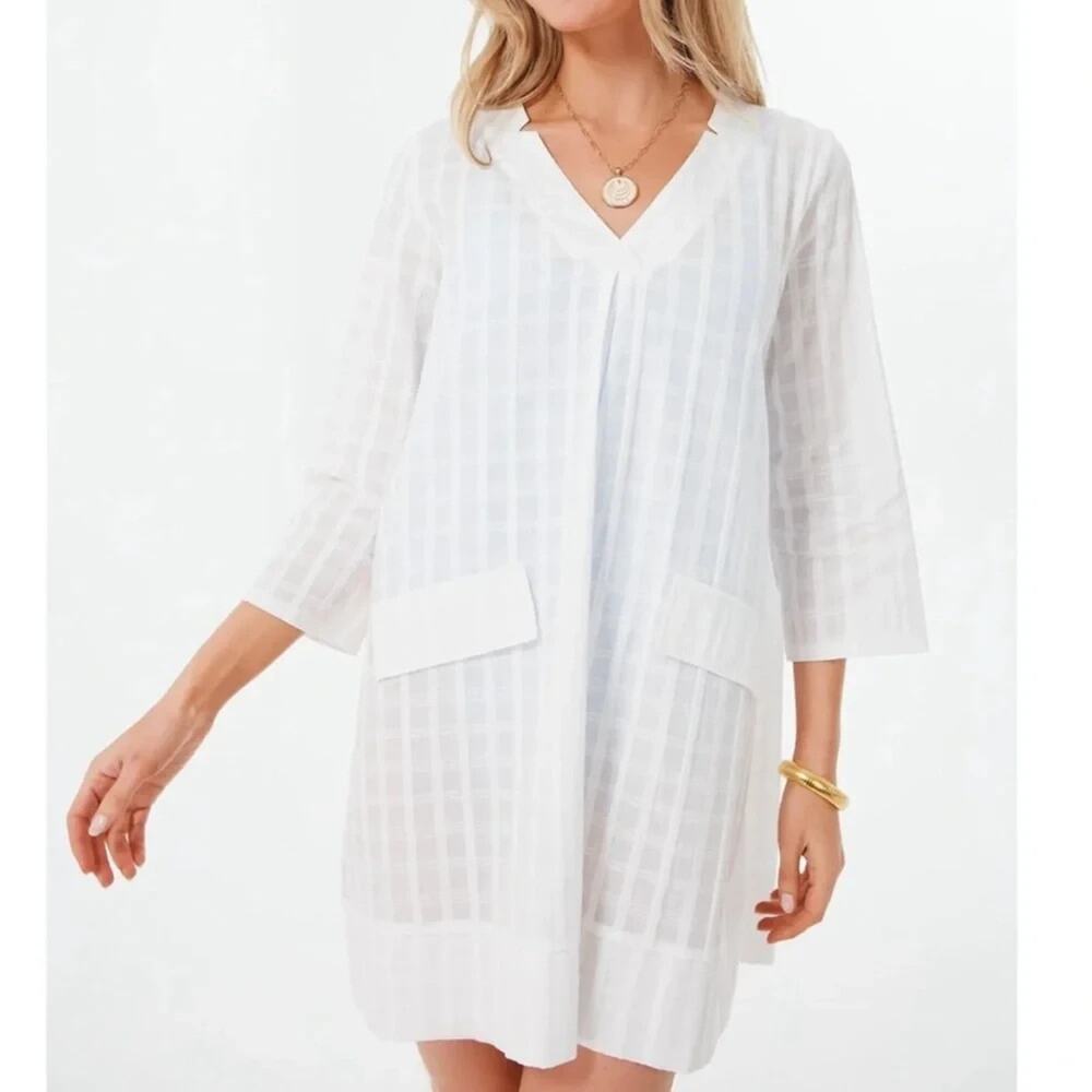 Women’s White V-Neck Mini Dress with Patch Pockets